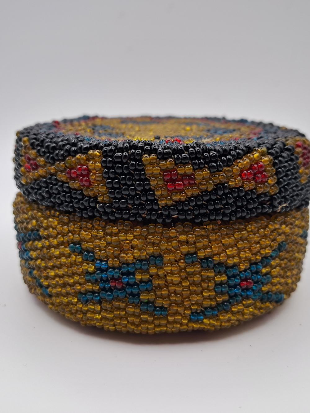 Handmade Beaded Trinket Box - Gold, Black, Teal Accent